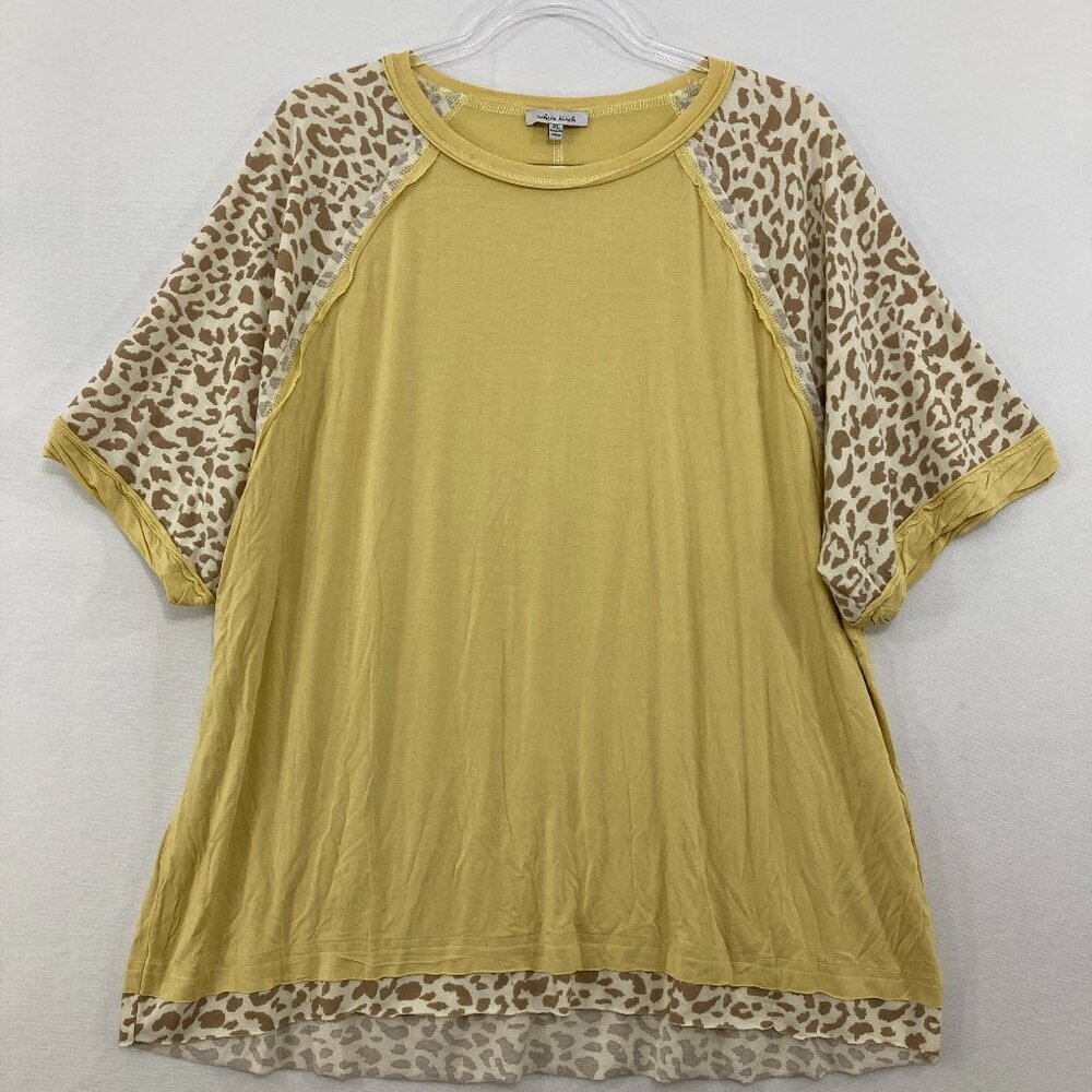 White Birch size XL Yellow Leopard Print Raglan Sleeve‎ Stretch Knit Casual Top